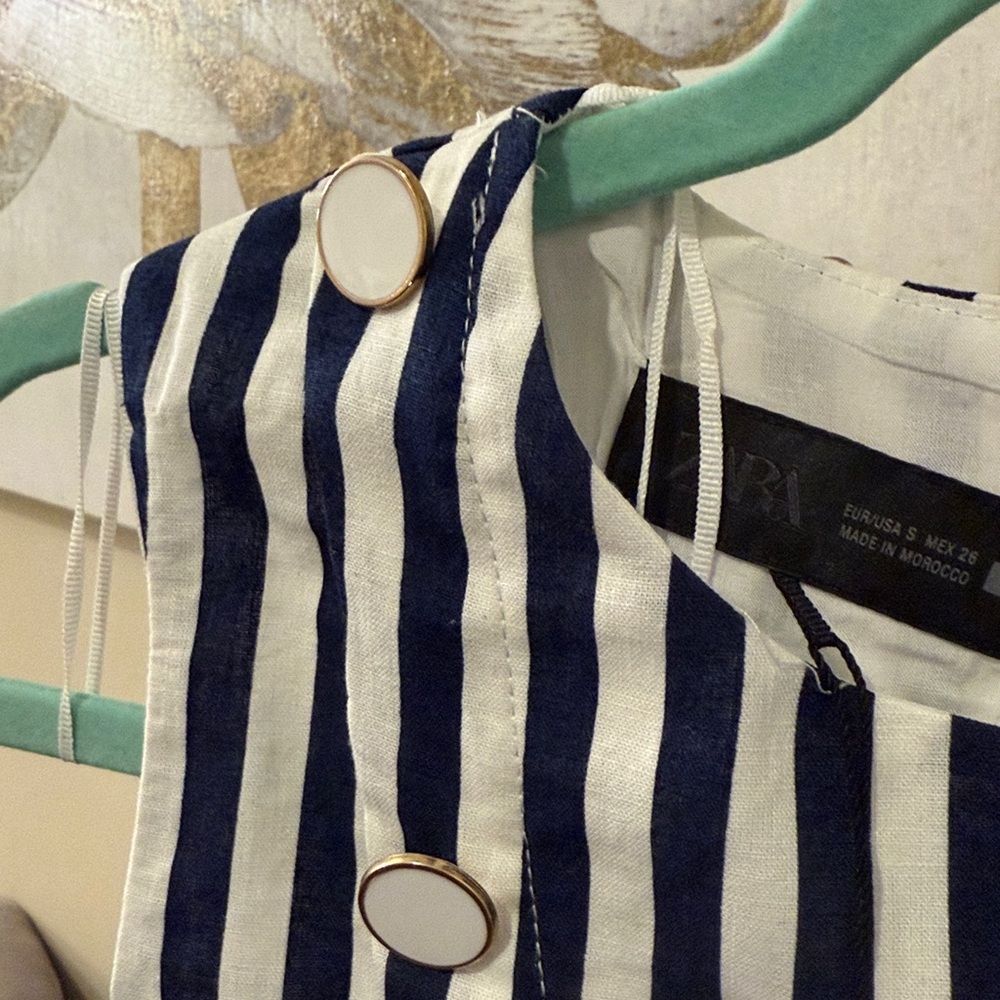 NWT Zara | Belted Linen Dress Waist Cut-out Navy Ivory Nautical coastal vibe - Picture 15 of 16